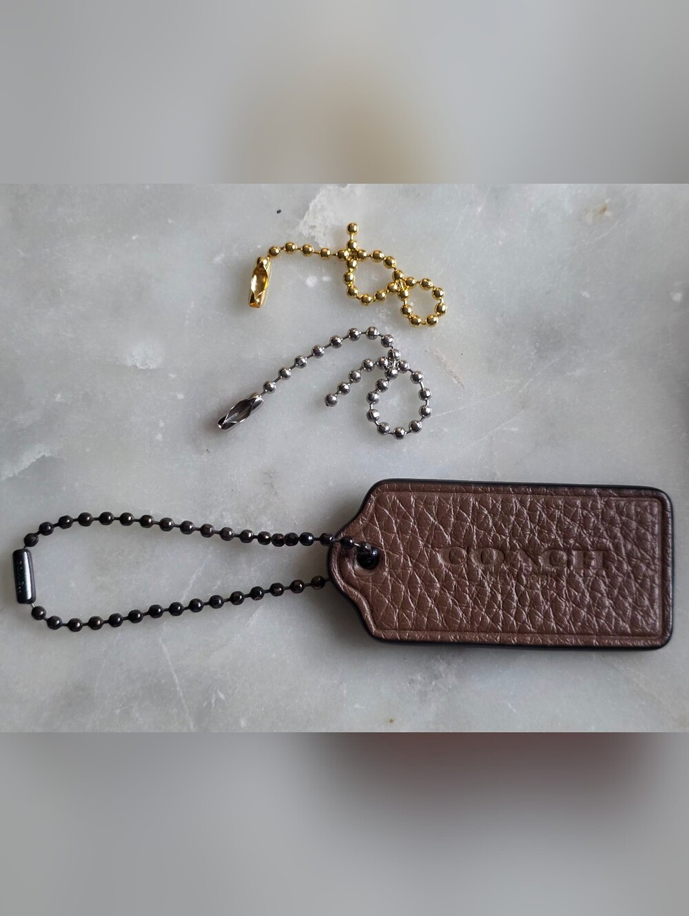 Coach Brown Pebbled  Leather Hangtag With Gunmetal Ball Chain